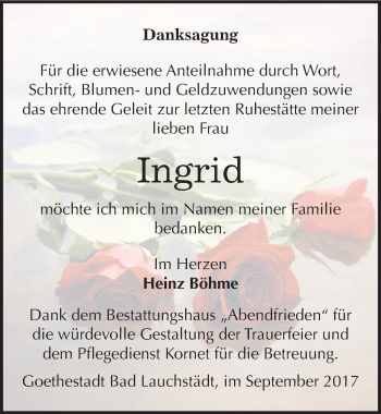 Traueranzeige von Ingrid Böhme von Mitteldeutsche Zeitung Merseburg/Querfurt