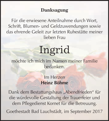 Traueranzeige von Ingrid Böhme von WVG - Wochenspiegel Merseburg
