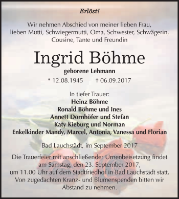 Traueranzeige von Ingrid Böhme von WVG - Wochenspiegel Merseburg