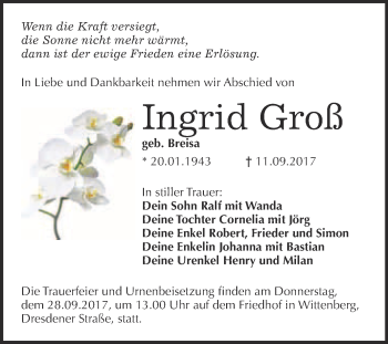 Traueranzeige von Ingrid Groß von WVG - Wochenspiegel Wittenberg