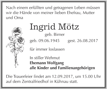 Traueranzeige von Ingrid Mötz von WVG - Wochenspiegel Dessau / Köthen