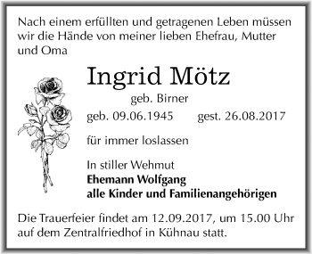Traueranzeige von Ingrid Mötz von Mitteldeutsche Zeitung Dessau-Roßlau