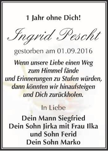 Traueranzeige von Ingrid Pescht von Super Sonntag Merseburg