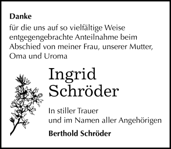 Traueranzeige von Ingrid Schröder von Mitteldeutsche Zeitung Merseburg/Querfurt