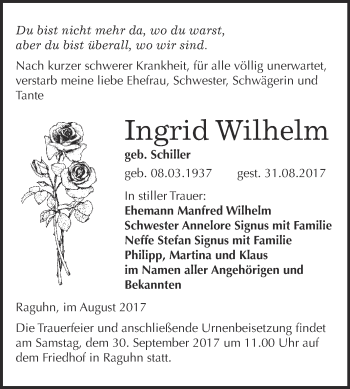 Traueranzeige von Ingrid Wilhelm von WVG - Wochenspiegel Bitterfeld