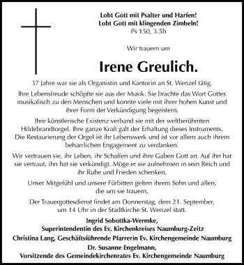 Traueranzeige von Irene Greulich von Mitteldeutsche Zeitung Naumburg/Nebra
