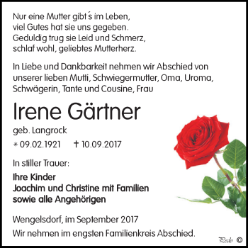 Traueranzeige von Irene Gärtner von WVG - Wochenspiegel NMB / WSF / ZTZ