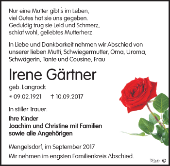 Traueranzeige von Irene Gärtner von Mitteldeutsche Zeitung Weißenfels