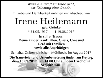 Traueranzeige von Irene Heilemann von Mitteldeutsche Zeitung Bitterfeld