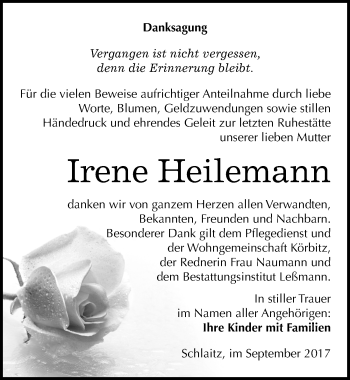 Traueranzeige von Irene Heilemann von Mitteldeutsche Zeitung Bitterfeld