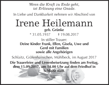Traueranzeige von Irene Heilemann von WVG - Wochenspiegel Wittenberg