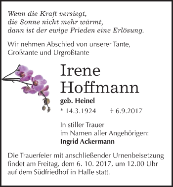 Traueranzeige von Irene Hoffmann von Mitteldeutsche Zeitung Halle/Saalkreis