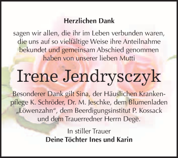 Traueranzeige von Irene Jendrysczyk von WVG - Wochenspiegel Wittenberg