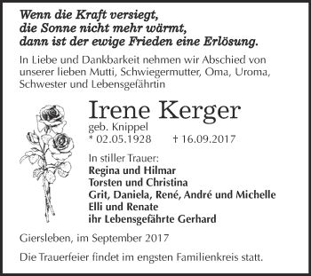 Traueranzeige von Irene Kerger von Super Sonntag Aschersleben