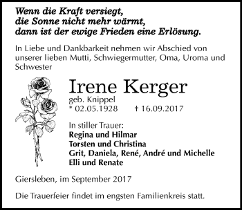 Traueranzeige von Irene Kerger von Mitteldeutsche Zeitung Aschersleben