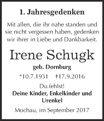 Traueranzeige von Irene Schugk von Super Sonntag Wittenberg