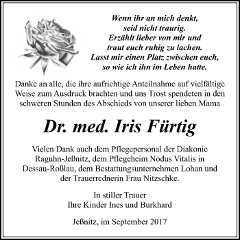 Traueranzeige von Iris Fürtig von WVG - Wochenspiegel Bitterfeld