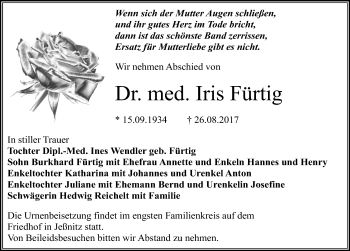 Traueranzeige von Iris Fürtig von Mitteldeutsche Zeitung Bitterfeld