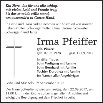 Traueranzeige von Irma Pfeiffer von WVG - Wochenspiegel Merseburg