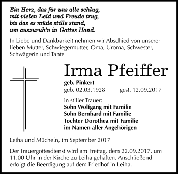 Traueranzeige von Irma Pfeiffer von Mitteldeutsche Zeitung Merseburg/Querfurt
