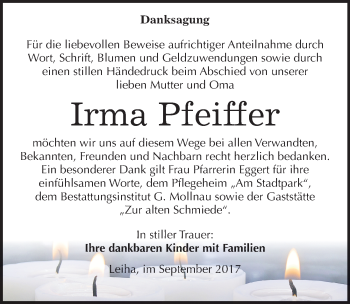 Traueranzeige von Irma Pfeiffer von Mitteldeutsche Zeitung Merseburg/Querfurt