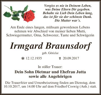 Traueranzeige von Irmgard Braunsdorf von WVG - Wochenspiegel Dessau / Köthen