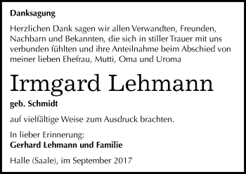 Traueranzeige von Irmgard Lehmann von Mitteldeutsche Zeitung Halle/Saalkreis