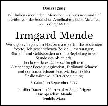 Traueranzeige von Irmgard Mende von Mitteldeutsche Zeitung Wittenberg