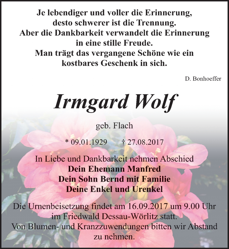  Traueranzeige für Irmgard Wolf vom 02.09.2017 aus Mitteldeutsche Zeitung Halle/Saalkreis