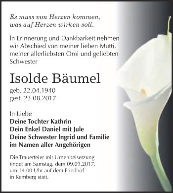 Traueranzeige von Isolde Bäumel von WVG - Wochenspiegel Bitterfeld
