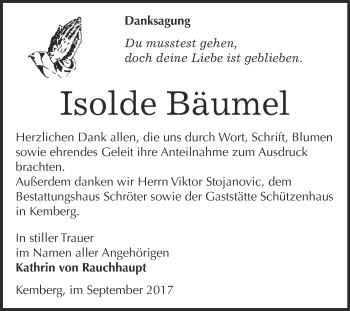 Traueranzeige von Isolde Bäumel von WVG - Wochenspiegel Bitterfeld