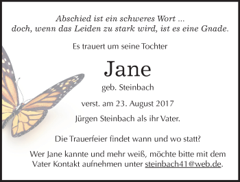 Traueranzeige von Jane  von Mitteldeutsche Zeitung Halle/Saalkreis