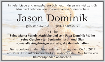 Traueranzeige von Jason Dominik von Mitteldeutsche Zeitung Mansfelder Land