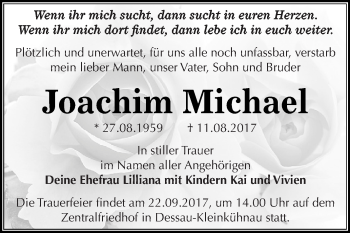 Traueranzeige von Joachim Michael von WVG - Wochenspiegel Dessau / Köthen