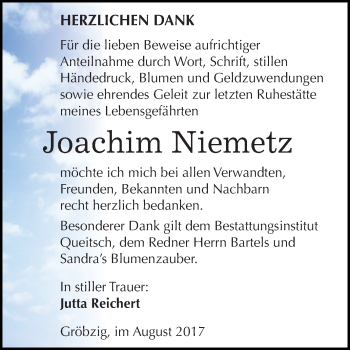 Traueranzeige von Joachim Niemetz von WVG - Wochenspiegel Dessau / Köthen