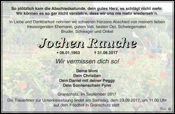 Traueranzeige von Jochen Rauche von WVG - Wochenspiegel NMB / WSF / ZTZ
