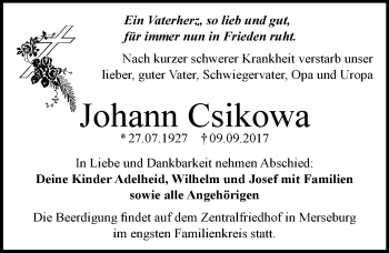 Traueranzeige von Johann Csikowa von Mitteldeutsche Zeitung Merseburg/Querfurt