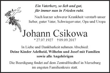 Traueranzeige von Johann Csikowa von WVG - Wochenspiegel Merseburg