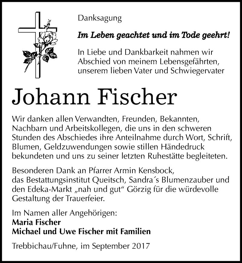  Traueranzeige für Johann Fischer vom 08.09.2017 aus Mitteldeutsche Zeitung Köthen