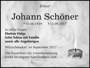 Traueranzeige von Johann Schöner von Mitteldeutsche Zeitung Merseburg/Querfurt