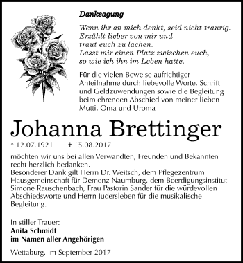 Traueranzeige von Johanna Brettfinger von Mitteldeutsche Zeitung Naumburg/Nebra