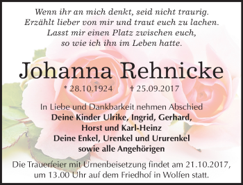 Traueranzeige von Johanna Rehnicke von Mitteldeutsche Zeitung Bitterfeld