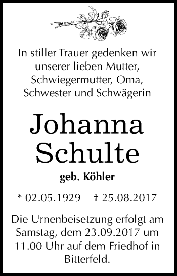 Traueranzeige von Johanna Schulte von Mitteldeutsche Zeitung Bitterfeld