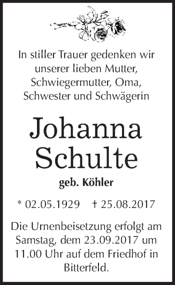 Traueranzeige von Johanna Schulte von WVG - Wochenspiegel Bitterfeld