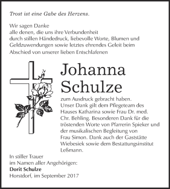 Traueranzeige von Johanna Schulze von WVG - Wochenspiegel Wittenberg