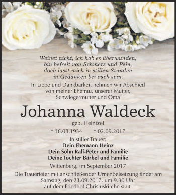 Traueranzeige von Johanna Waldeck von Super Sonntag Wittenberg