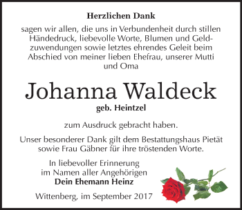 Traueranzeige von Johanna Waldeck von Mitteldeutsche Zeitung Wittenberg