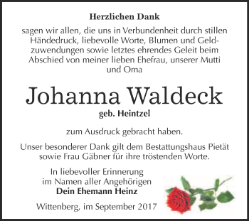 Traueranzeige von Johanna Waldeck von Super Sonntag Wittenberg