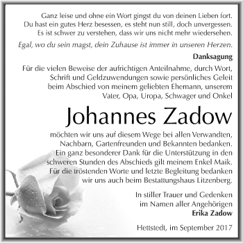 Traueranzeige von Johannes Zadow von Wochenspiegel Mansfelder Land