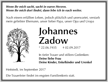 Traueranzeige von Johannes Zadow von Mitteldeutsche Zeitung Mansfelder Land